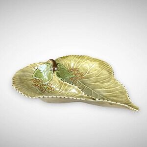 Handcrafted Double Leaf Ceramic Dish with Berries Relief Design‎ Vintage